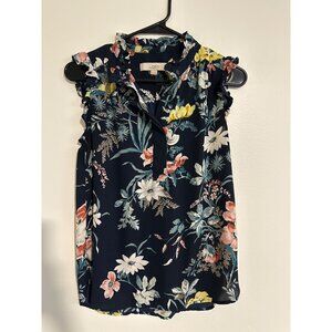 Floral Navy Sleeveless Ruffle Blouse By Loft XS